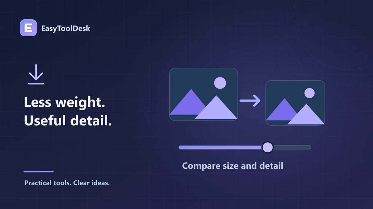 Two landscape image frames connected by compression arrows and a size-control slider.