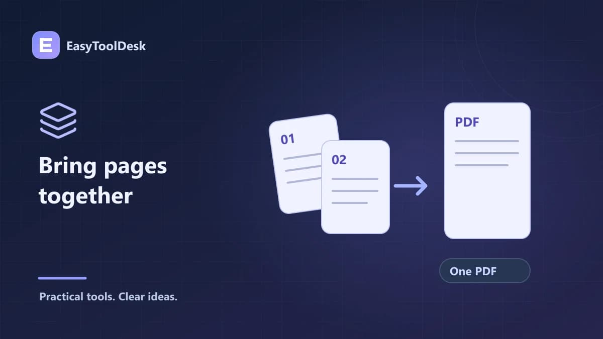 Three individual PDF page stacks joining into one organized document.